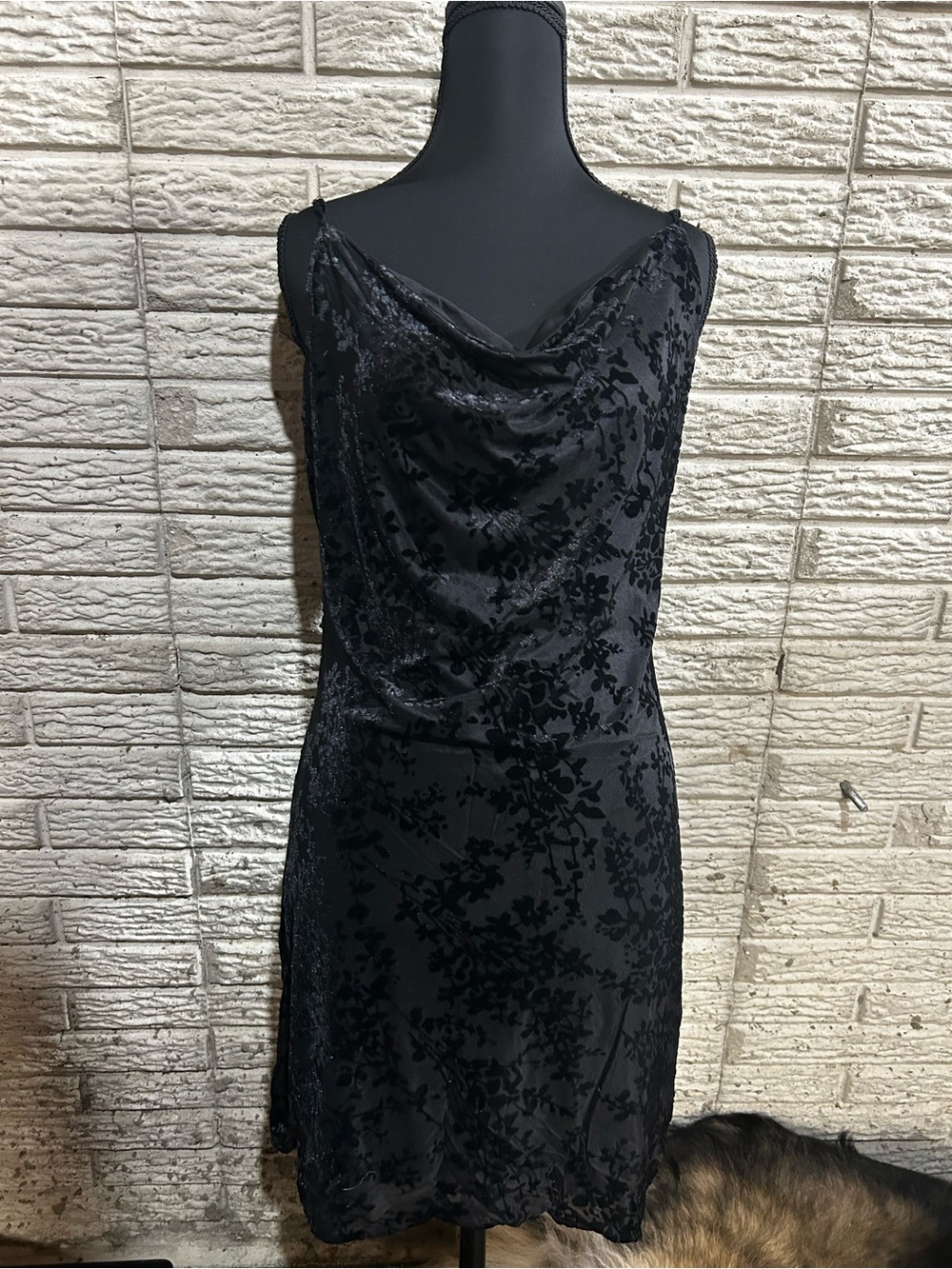 Altar’d State Black Velvet Burnout Cowl Neck Slip Dress Size L Adjustable Straps